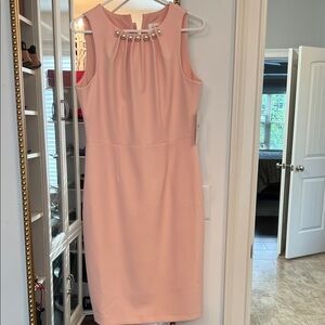 Harper Blush Pink Sleeveless Midi Dress with Pearl Neckline